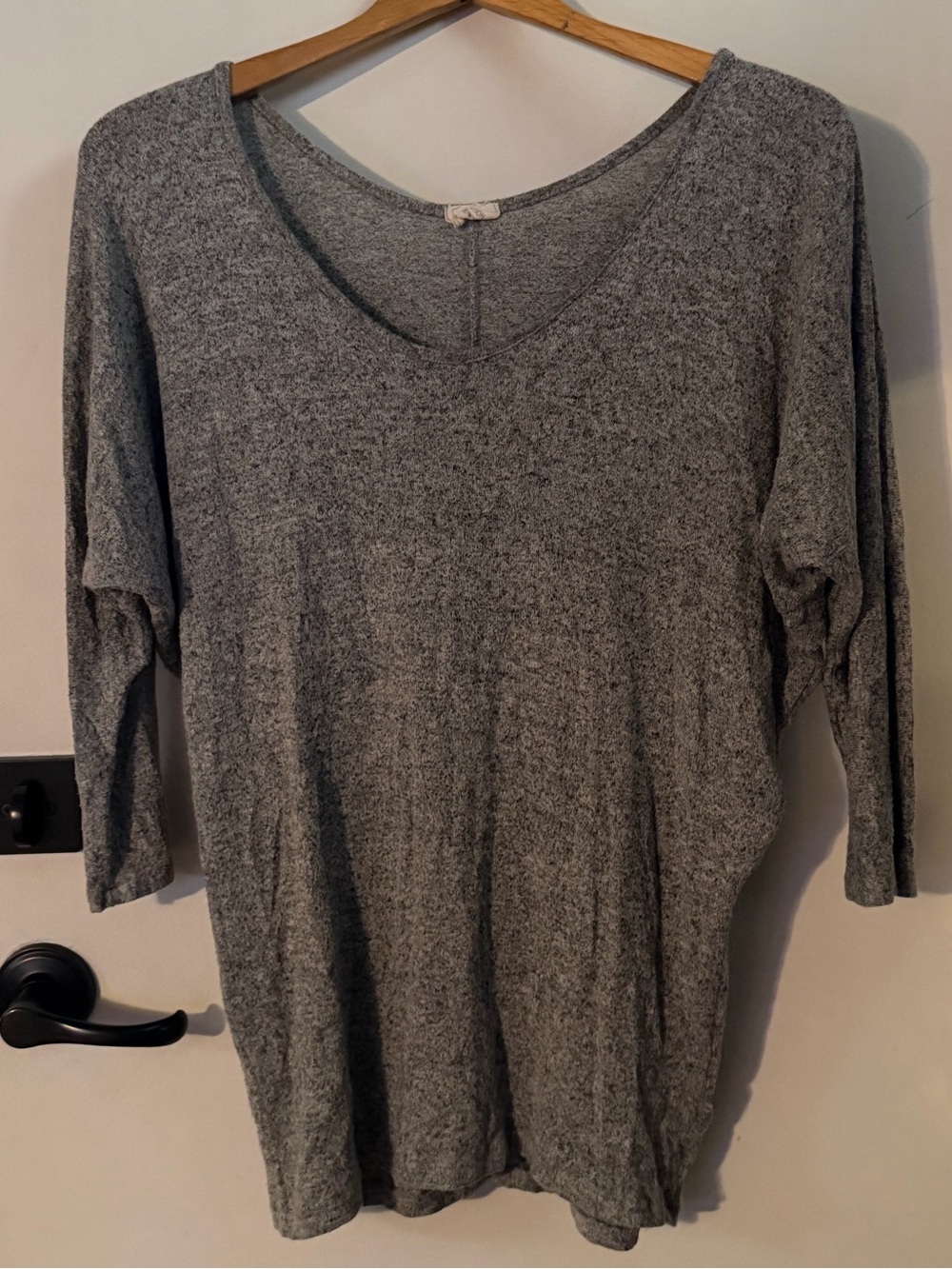 Deep Scoop Neck 3/4 Sleeve Relaxed Knit tighter toward the bottom Grey Top